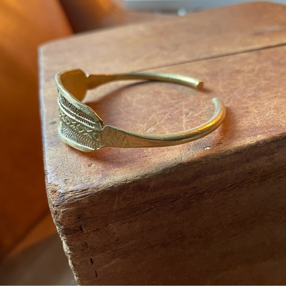 Geometric vintage brass cuff bracelet gold adjustable ID etch engraved signet - Picture 3 of 12